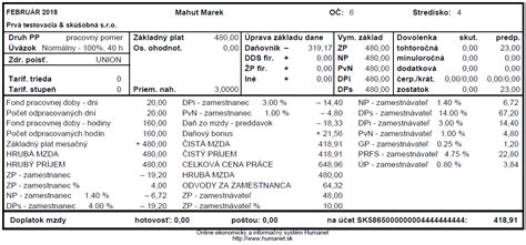 Príklad výplatnej pásky s rozpisom zložiek mzdy
