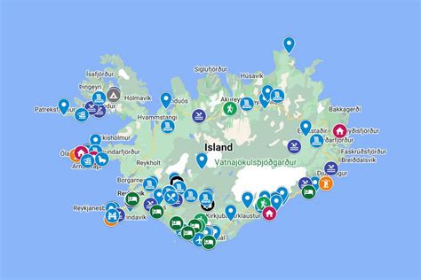 Mapa Islandu s vyznačenými hlavnými mestami