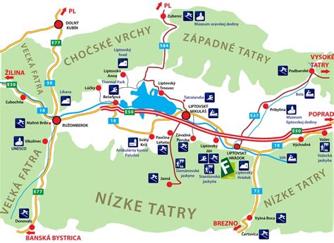 Mapa Liptova s vyznačenými turistickými atrakciami a bezbariérovými prístupmi