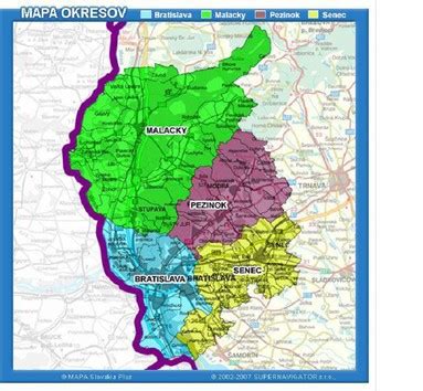 Mapa Bratislavského kraja s vyznačenými prepravnými zónami