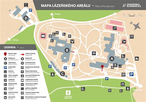 Mapa okolia Kúpeľov Klimkovice s vyznačenými ubytovacími možnosťami