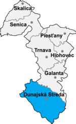 Mapa Trnavského samosprávneho kraja so zvýraznenými mestami Veľký Meder a Dunajská Streda