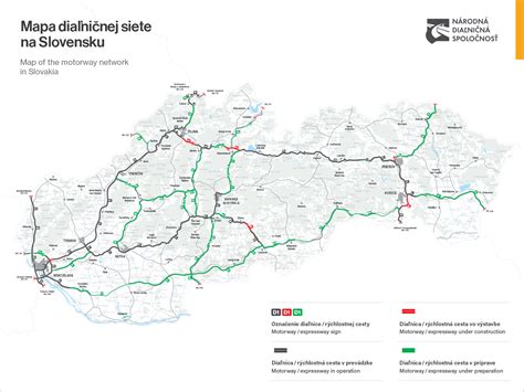 Mapa diaľnic a rýchlostných ciest na Slovensku s vyznačenými spoplatnenými úsekmi