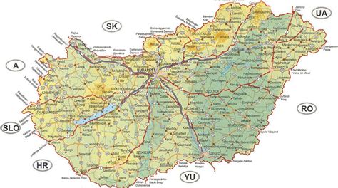 Mapa Maďarska s vyznačenými lokalitami Budapešť, Balaton, Hévíz a Miskolc