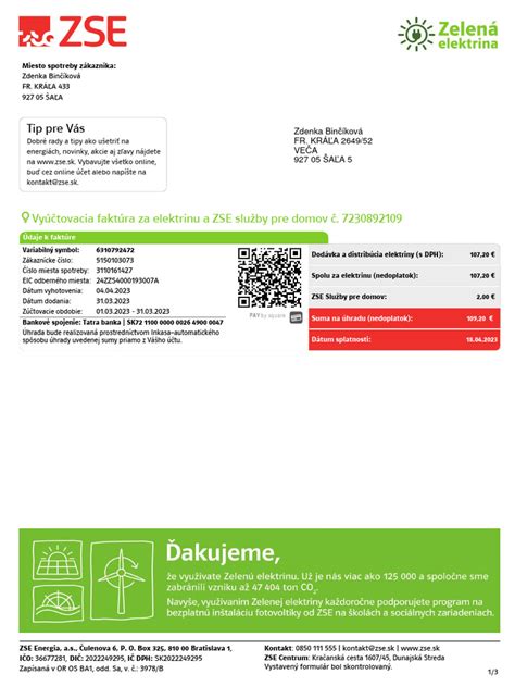 Vyúčtovacia faktúra za elektrickú energiu