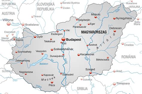 Mapa Maďarska s vyznačenými hlavnými mestami