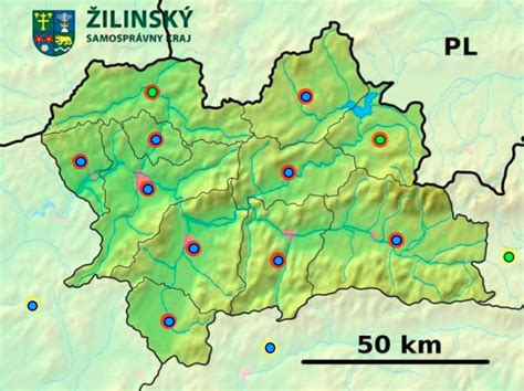 Mapa Žilinského kraja s vyznačenými zariadeniami pre seniorov