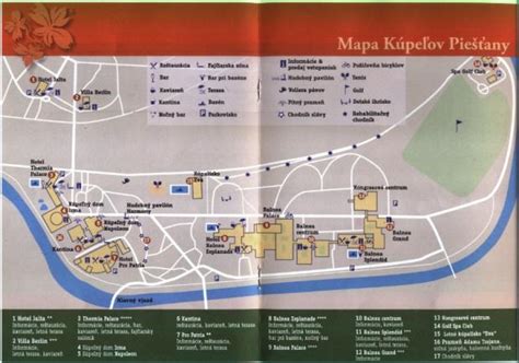 Mapa kúpeľného ostrova v Piešťanoch s vyznačenými prechádzkovými trasami a kultúrnymi pamiatkami