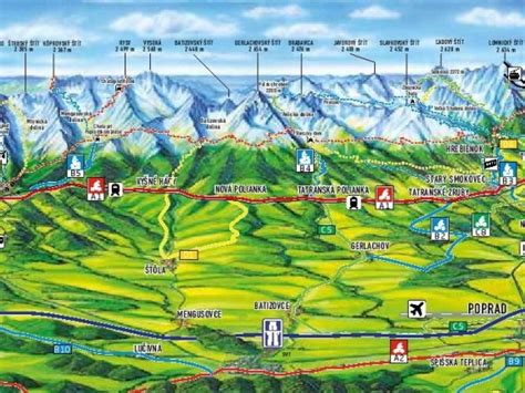 Mapa Vysokých Tatier s vyznačenými strediskami Starý Smokovec, Štrbské Pleso a Tatranská Lomnica