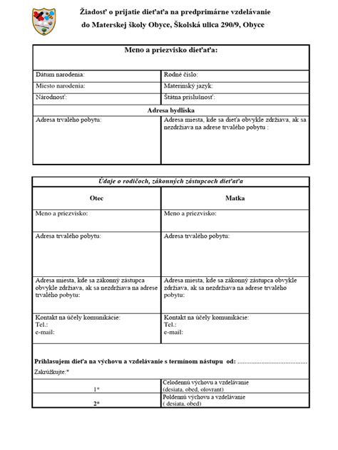 Zoznam požadovaných dokumentov pre prijatie do MŠ