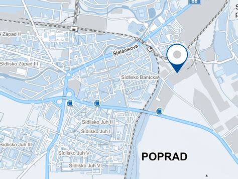 Mapa Popradu s vyznačenými ulicami Banícka a Komenského