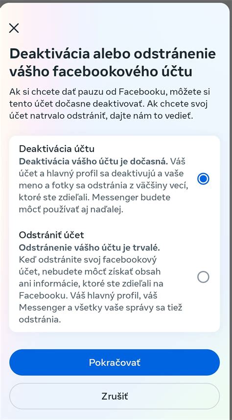 Deaktivácia Facebook účtu