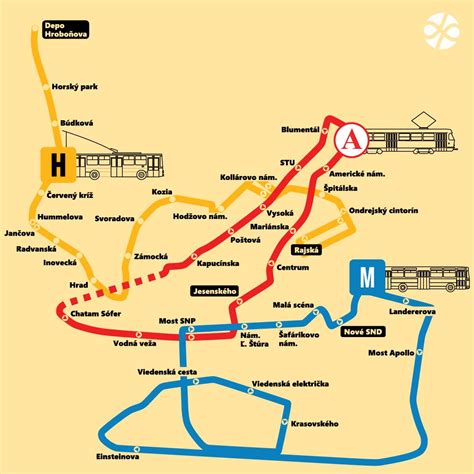 Mapa trás mestskej hromadnej dopravy s vyznačenými bezbariérovými zastávkami