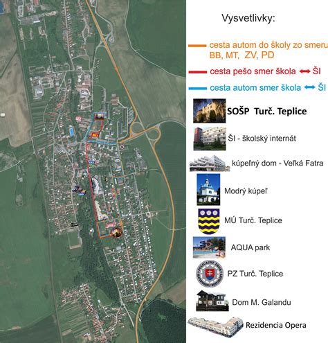 Mapa Turčianskych Teplíc s vyznačenými ubytovacími zariadeniami
