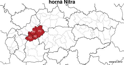 Mapa regiónu hornej Nitry s vyznačenou polohou Dolných Vesteníc