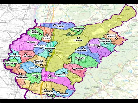 Mapa okresu Malacky s vyznačenými rekreačnými oblasťami