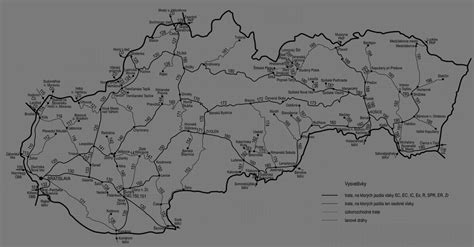 Mapa železničných tratí na Slovensku s vyznačenými hlavnými trasami