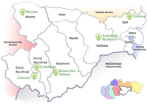 Mapa Rožňavskej diecézy s vyznačenými oblasťami pôsobenia Diecéznej charity
