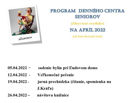 Kalendár aktivít Denného centra pre seniorov
