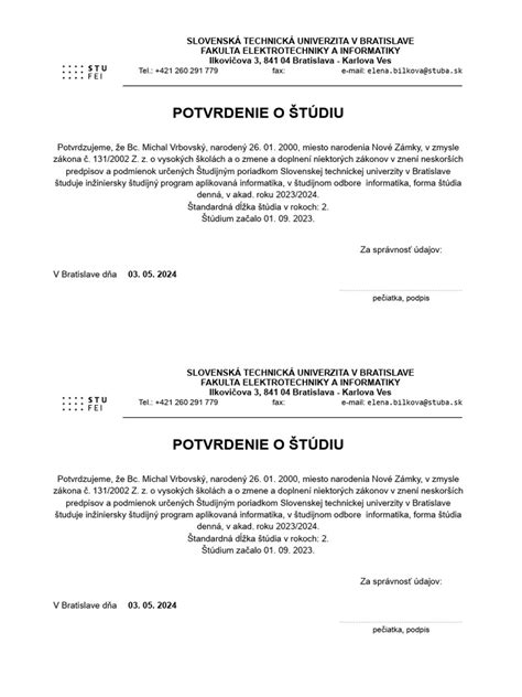 pečiatka a úradné potvrdenie o štúdiu