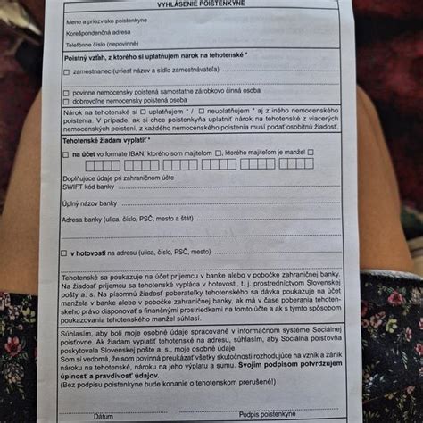 Vyplnené tlačivo žiadosti o tehotenské