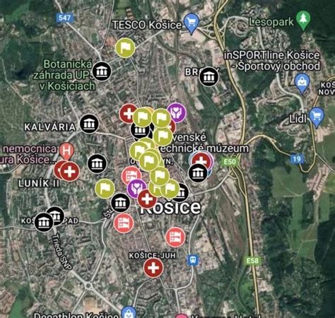 Mapa Košíc s vyznačenými mestskými časťami obsluhovanými pobočkou na Popradskej 74