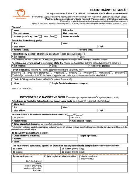 Registračný formulár pre bezplatnú prepravu ZSSK