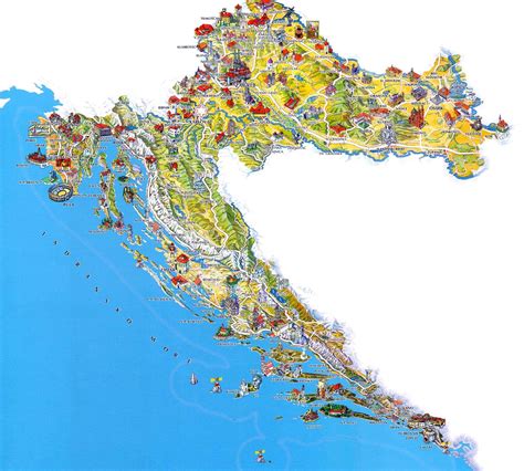 Mapa Chorvátska s vyznačenými obľúbenými turistickými destináciami