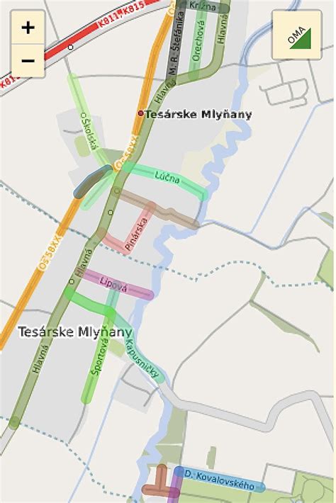 Mapa obce Tesárske Mlyňany s vyznačenými zastávkami a dôležitými inštitúciami