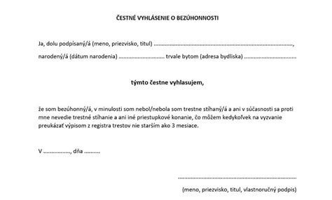 Vzor: Čestné vyhlásenie pre účely ŤZP