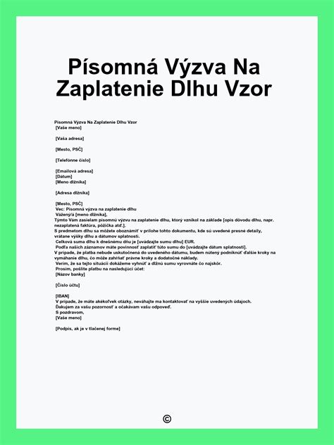 Výzva na zaplatenie s označenými dôležitými časťami