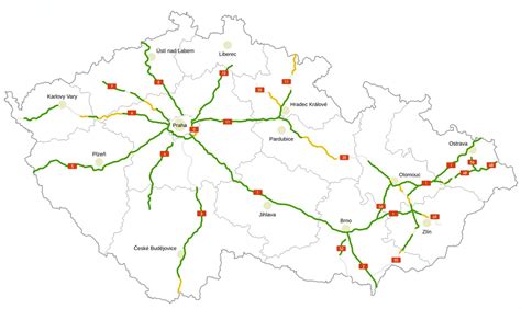 Mapa diaľnic v Českej republike s označením spoplatnených a bezplatných úsekov