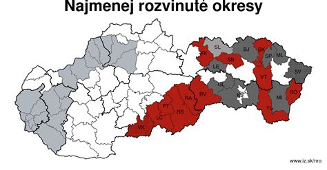 Mapa najmenej rozvinutých okresov Slovenska