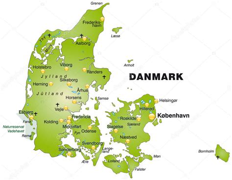 Mapa Dánska so zvýraznenými hlavnými mestami