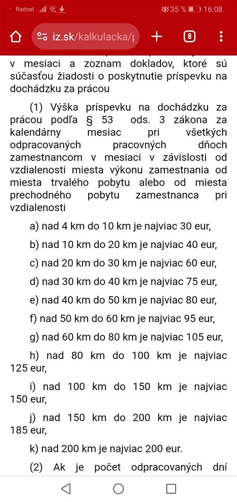 Tabuľka s výškou príspevku na dochádzku podľa vzdialenosti v kilometroch