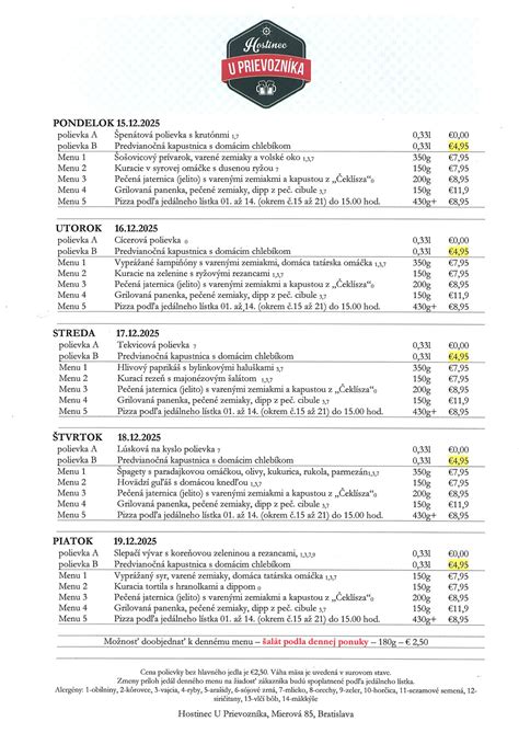 Ukážka jedálneho lístka NAJEME SA s.r.o. s vyznačenými menu A, B, C, D