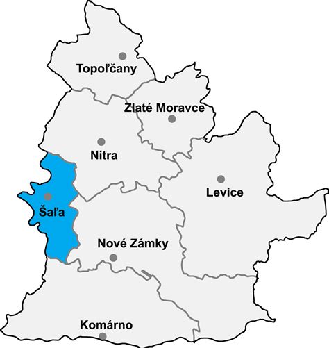 Mapa okresu Šaľa s vyznačeným pracoviskom ÚPSVaR