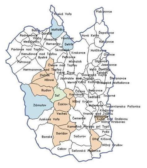 Mapa Vranovského okresu s vyznačeným mestom Vranov nad Topľou