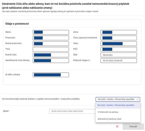 Elektronický formulár pre zadanie čísla účtu
