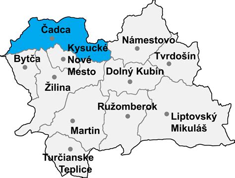 Mapa okresu Čadca s vyznačeným sídlom ÚPSVR