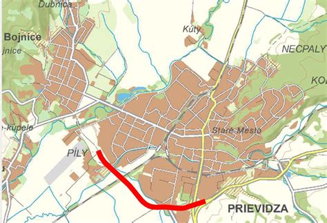 Mapa mesta Prievidza s vyznačenými dôležitými inštitúciami