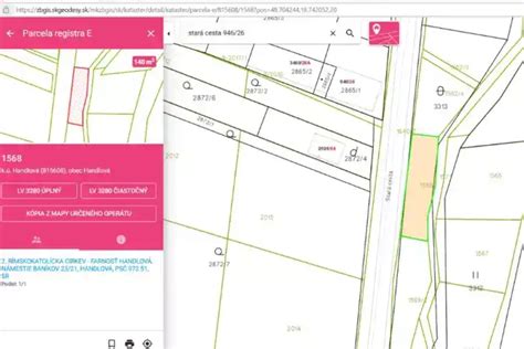 Katastrálna mapa s vyznačenými pozemkami a nehnuteľnosťami