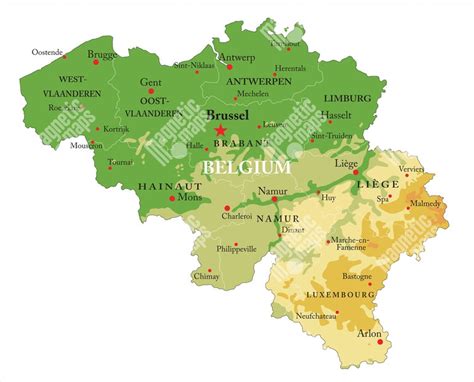 Mapa Belgicka s vyznačenými regiónmi a hlavným mestom Brusel