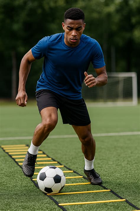 Súbor rôznych futbalových tréningových pomôcok na trávnatom ihrisku