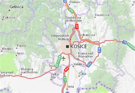 Mapa mesta Košice s vyznačenými športoviskami.