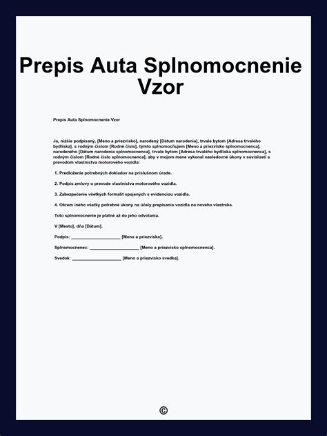 Ukážka vzorového splnomocnenia na prepis vozidla