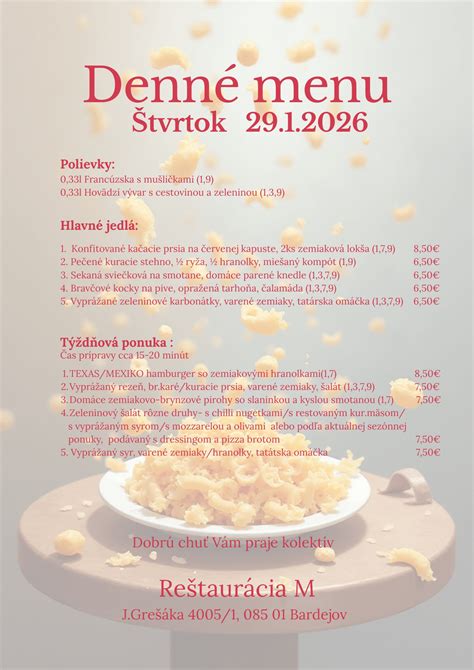 Ponuka denného menu v jedálni