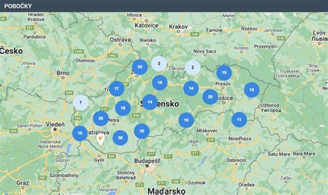 Mapa ukazujúca pobočky ÚPSVaR na Slovensku