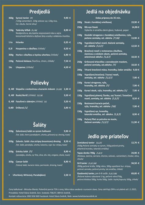 Jedálny lístok s rôznymi možnosťami menu A, B, C, D