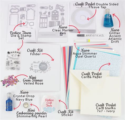 Obsah typického predplatného balíčka Tonic Studios Craft Kit